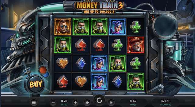 Money Train 3 base reels with the cyberpunk frame, hacker and sniper character symbols, and the Buy Feature button active