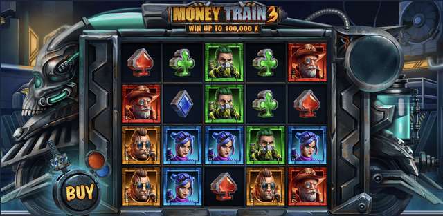 Money Train 3 base reels with the cyberpunk frame, hacker and sniper character symbols, and the 100,000x win banner