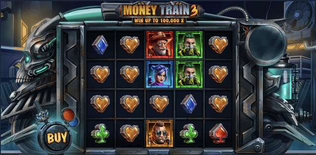 Money Train 3 reels with heavy stacked heart-gem symbols spanning multiple columns during a payline win