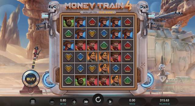 Money Train 4 base reels with the 6x6 grid, desert post-apocalyptic backdrop, and the 150,000x win banner