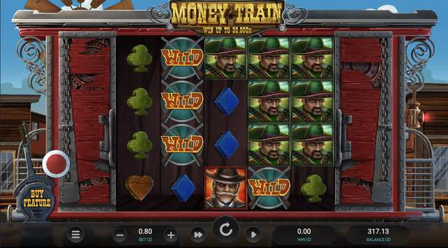 Money Train base reels with stacked cowboy character symbols and a BONUS scatter visible through the saloon-wagon frame