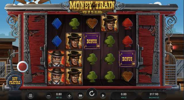Money Train base reels with the saloon wagon frame, cowboy character symbols, and BONUS scatter symbols visible on reels three and four