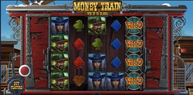 Money Train base game with a fully stacked WILD column on reel five and aligned cowboy symbols across reels one and two