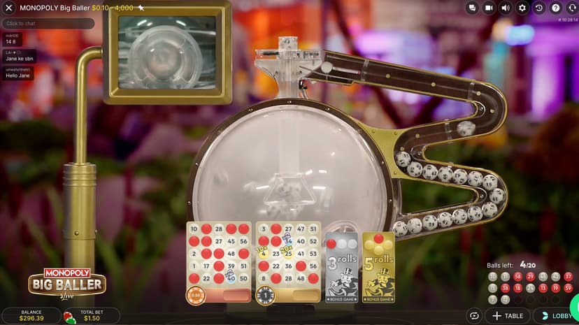 Monopoly Big Baller mid-draw with four balls remaining and partial bingo cards filling in