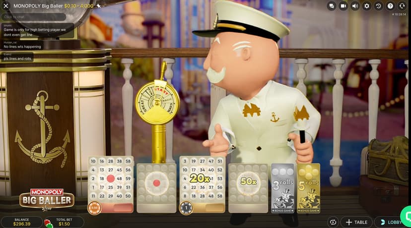Monopoly Big Baller Chance card showing revealed 20x and 50x multipliers