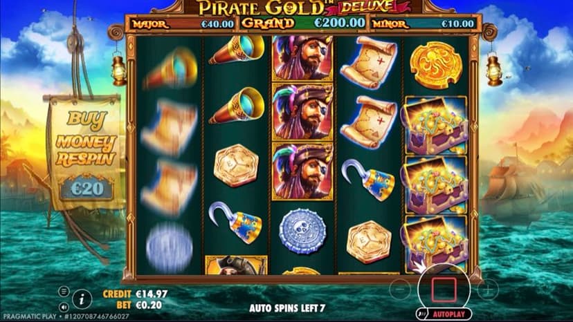 Pirate Gold Deluxe reels spinning with the Buy Money Respin option on the left