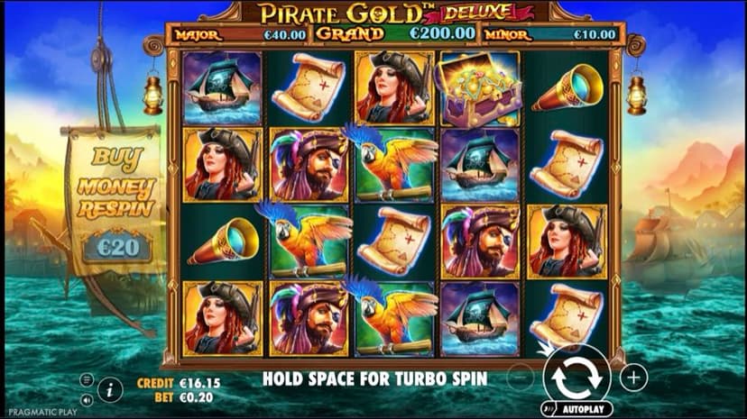 Pirate Gold Deluxe base game with pirate captain, parrot, spyglass and treasure-map symbols