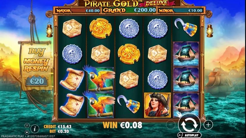 Gold and silver coin symbols landing across the Pirate Gold Deluxe reels