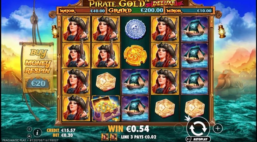 A Pirate Gold Deluxe line win paying 0.54 from stacked lady-pirate symbols