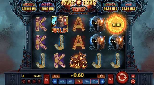 Power of Gods Hades reels with god wild and a 1.00 scatter on the grid, hold-the-jackpot meters visible