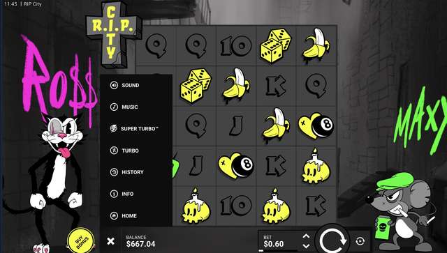 RIP City in-game menu overlay with sound, music, turbo, and history controls on the grayscale reels