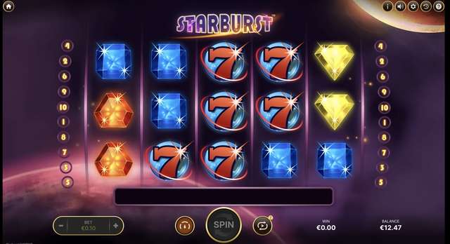Starburst reels with stacked blue gems and 7s in the base game