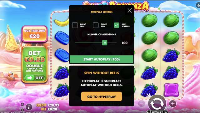Sweet Bonanza autoplay settings with Hyperplay mode on mobile