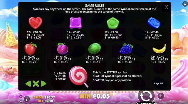 Sweet Bonanza paytable showing symbol payouts and the lollipop scatter