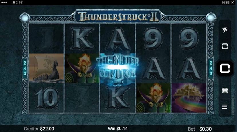 Thunderstruck II 243-ways reels with the Thunderstruck wild symbol landing on the centre reel