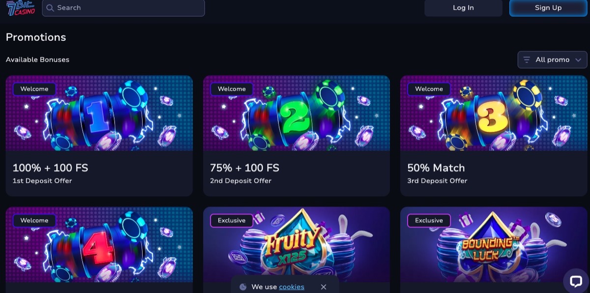 7Bit Casino bonus page showing the four-deposit welcome package tiers