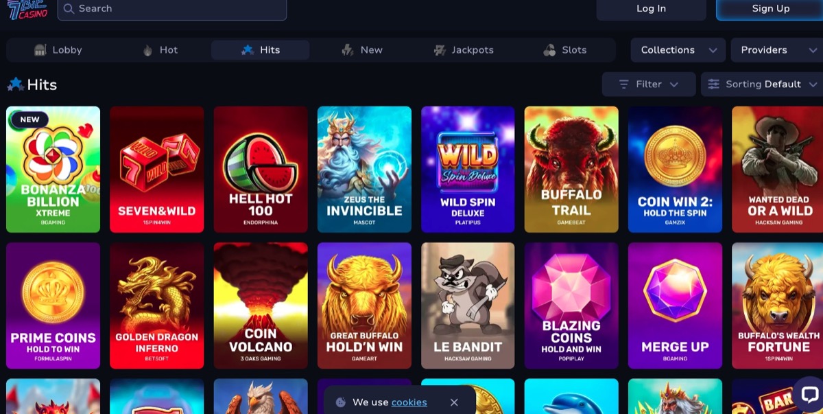 7Bit Casino game library filtered by provider with slot thumbnails