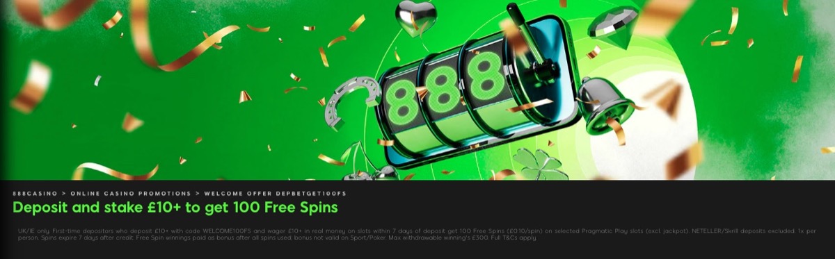 888 Casino welcome offer – deposit £10, stake £10, get 100 free spins on selected Pragmatic Play slots