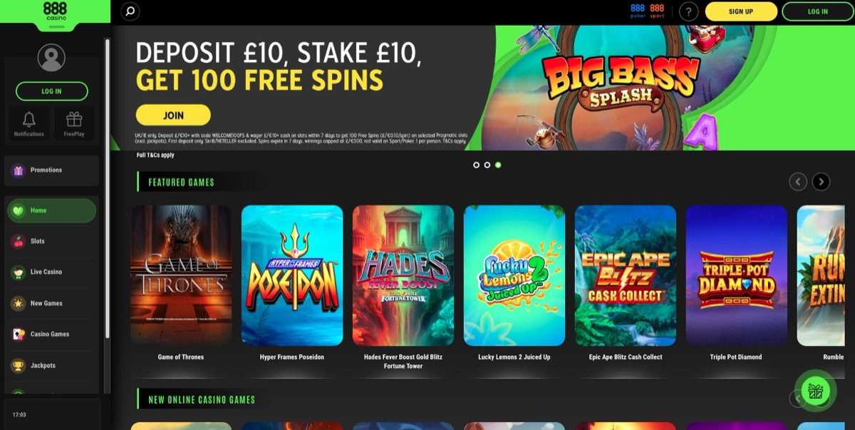 888 Casino homepage showing the deposit £10, stake £10, get 100 free spins welcome offer