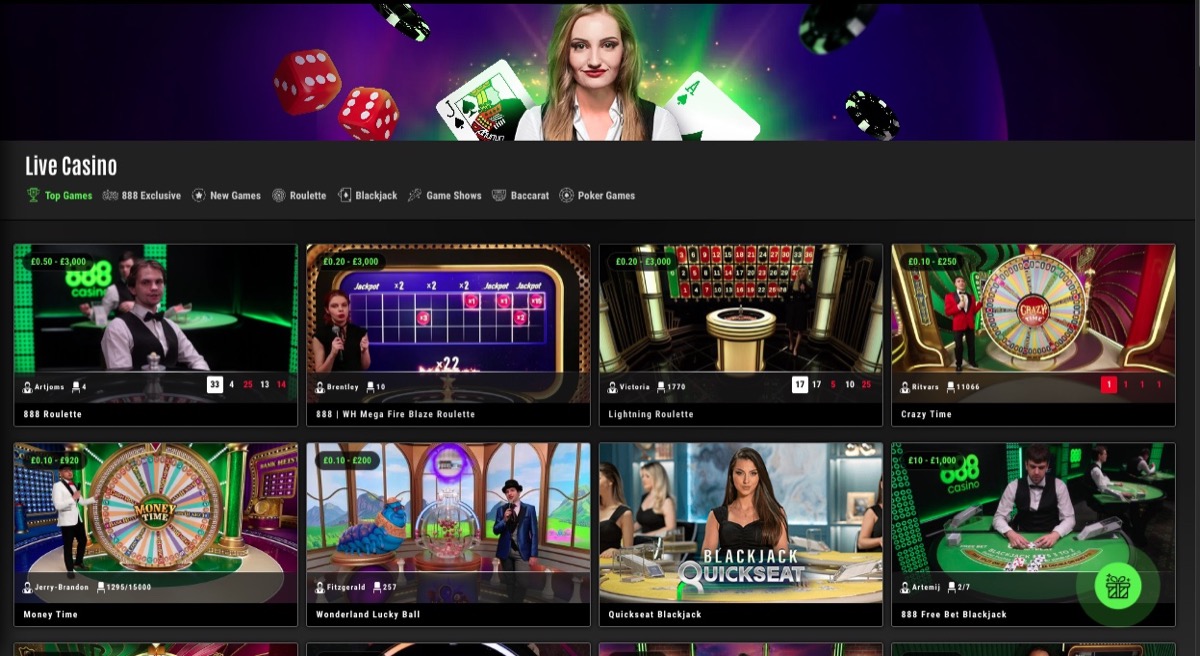 888 Casino live casino lobby with Evolution-powered blackjack, roulette, and game show tables