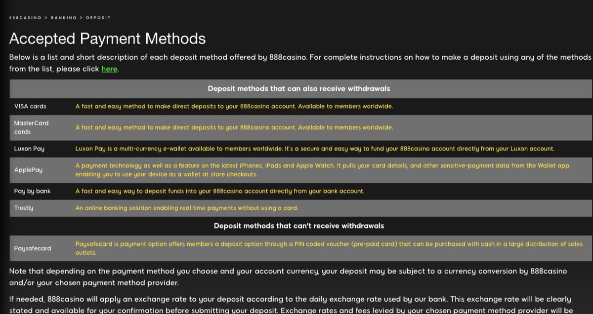 888 Casino payment methods page showing Visa, Mastercard, Luxon Pay, Apple Pay, Trustly, and Paysafecard