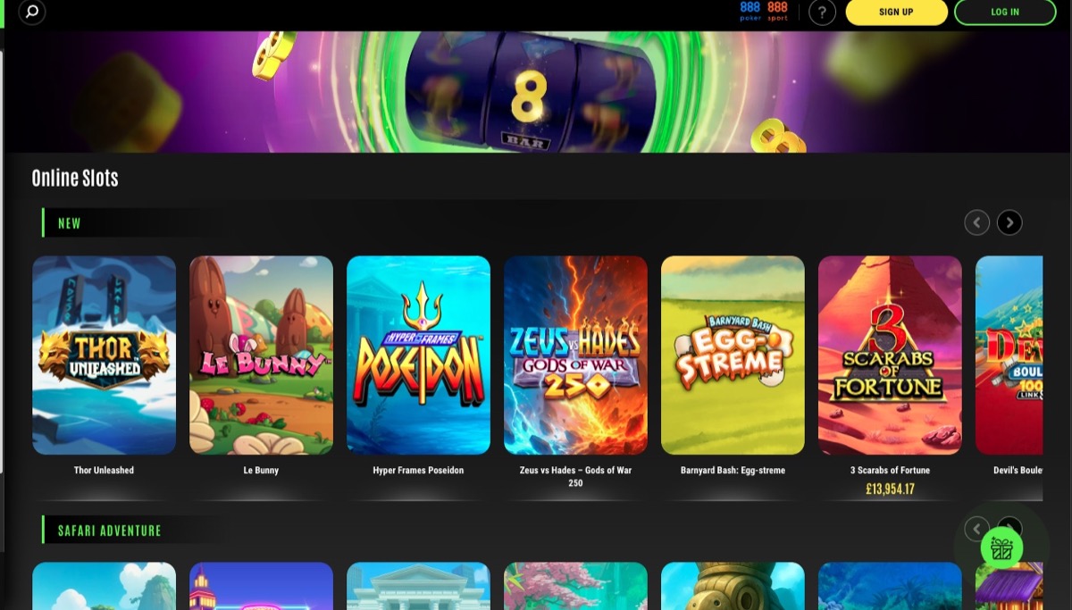 888 Casino online slots page with games from Pragmatic Play, NetEnt, and other providers