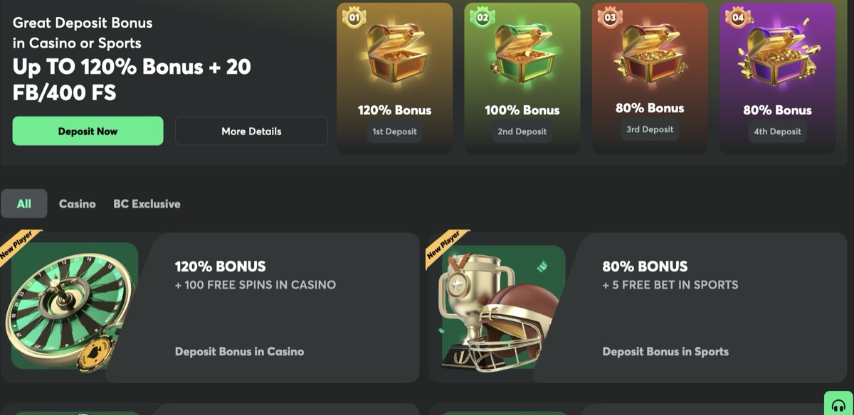 BC.Game bonus page showing the 4-deposit welcome package and free spins breakdown