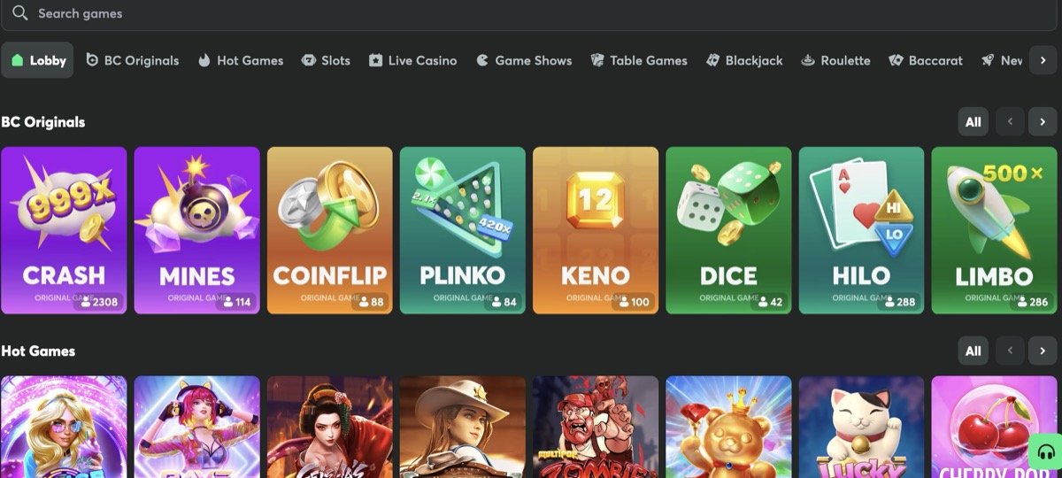 BC.Game slot library filtered by provider with game thumbnails and categories