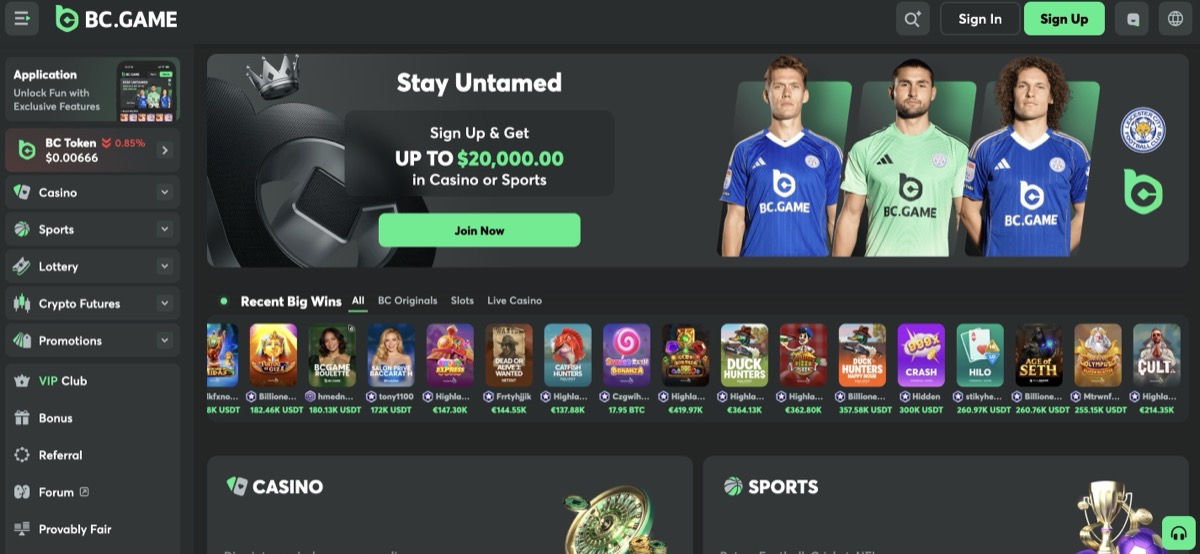 BC.Game homepage showing the welcome bonus banner and game categories