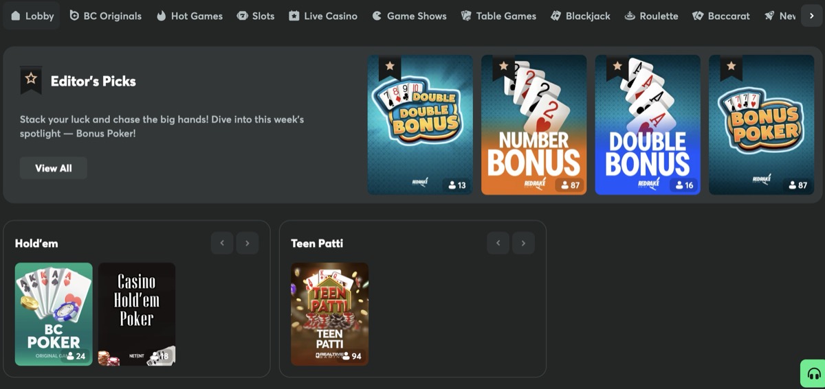 BC.Game poker lobby with active tables and tournament listings