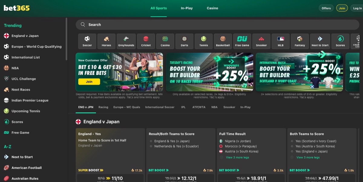 Bet365 sportsbook homepage showing England v Japan live betting markets