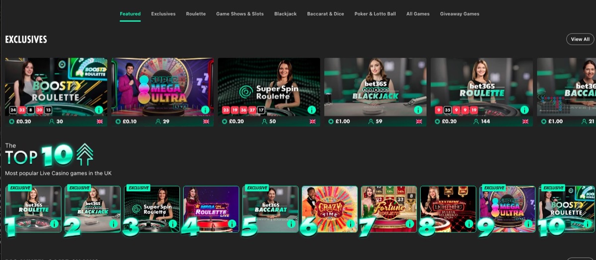 Bet365 live casino lobby with Exclusives and Top 10 tables