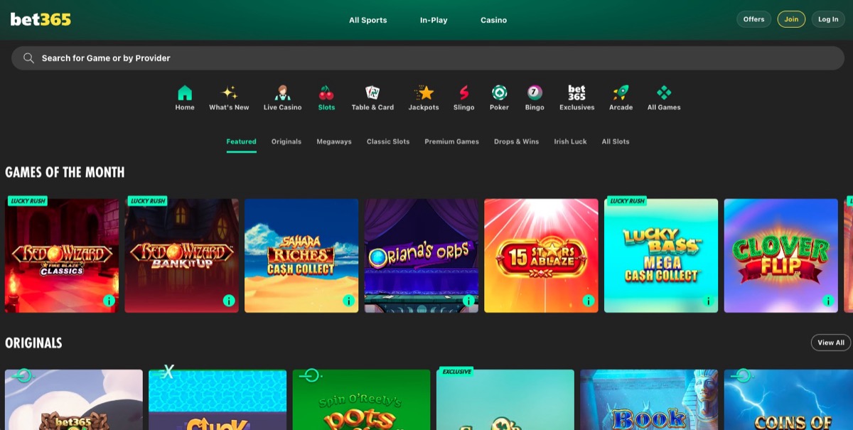 Bet365 casino slots lobby featuring Games of the Month and Originals collections