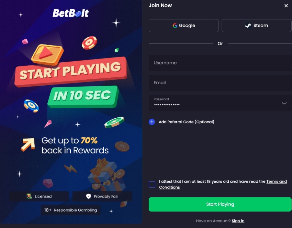 BetBolt registration form showing the crypto-only signup flow