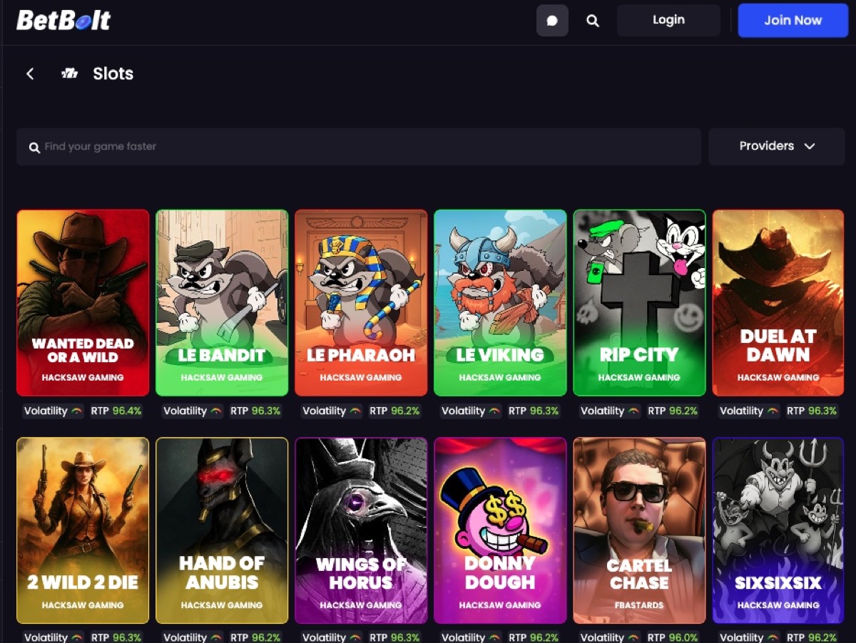 BetBolt slots lobby with provider filters and game tiles