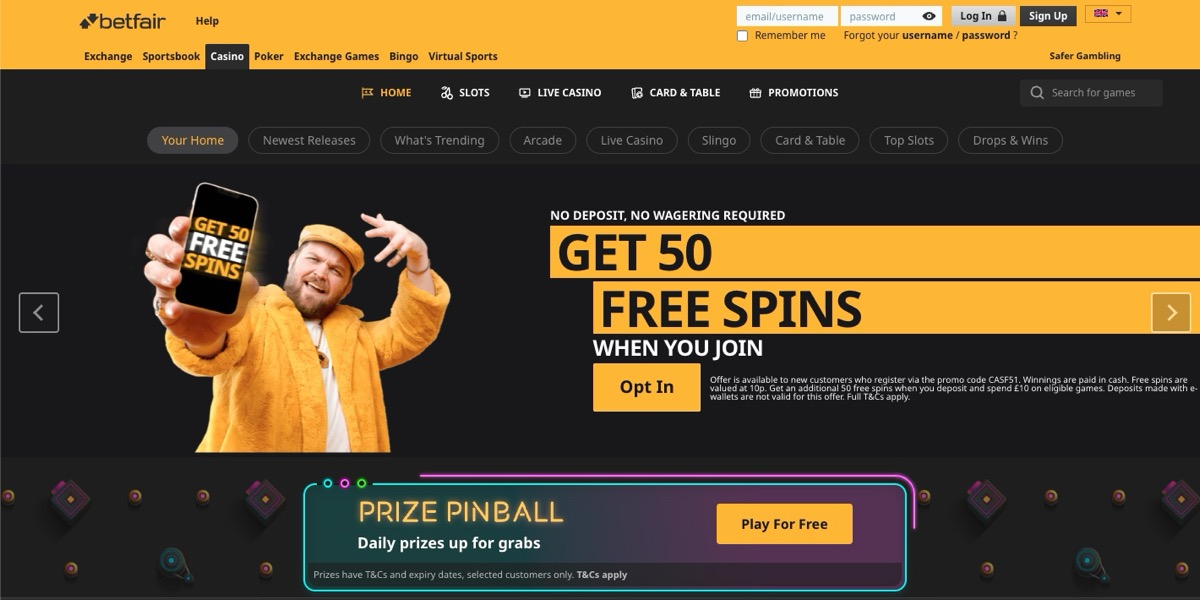 Betfair casino section with 50 Free Spins offer and featured slots