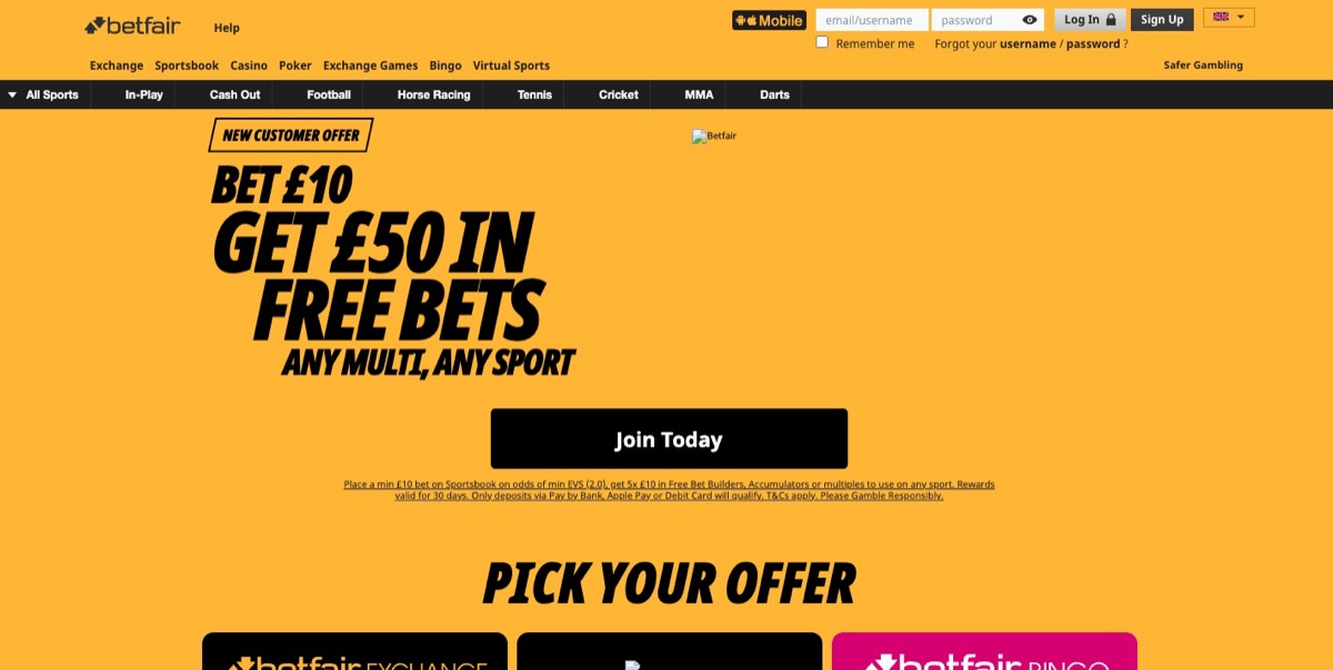 Betfair sportsbook homepage with Bet £10 Get £50 in Free Bets offer
