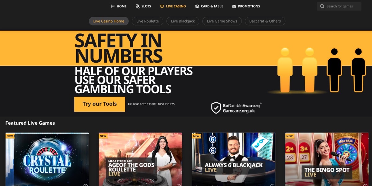 Betfair live casino section with Safety in Numbers responsible gambling message and featured games