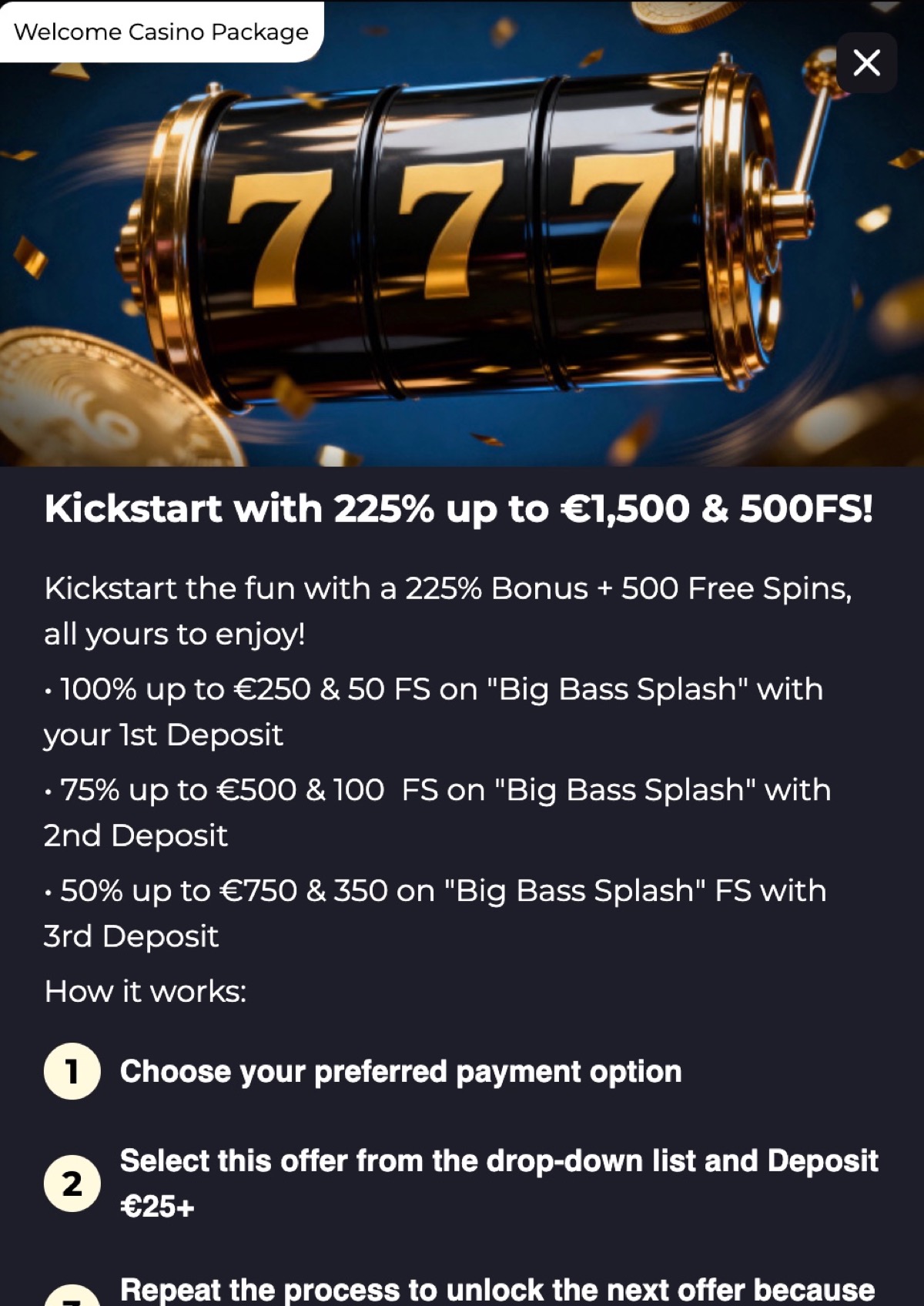 Betizy welcome bonus page showing the 225% up to EUR 1,500 plus 500 free spins package with the three-deposit breakdown