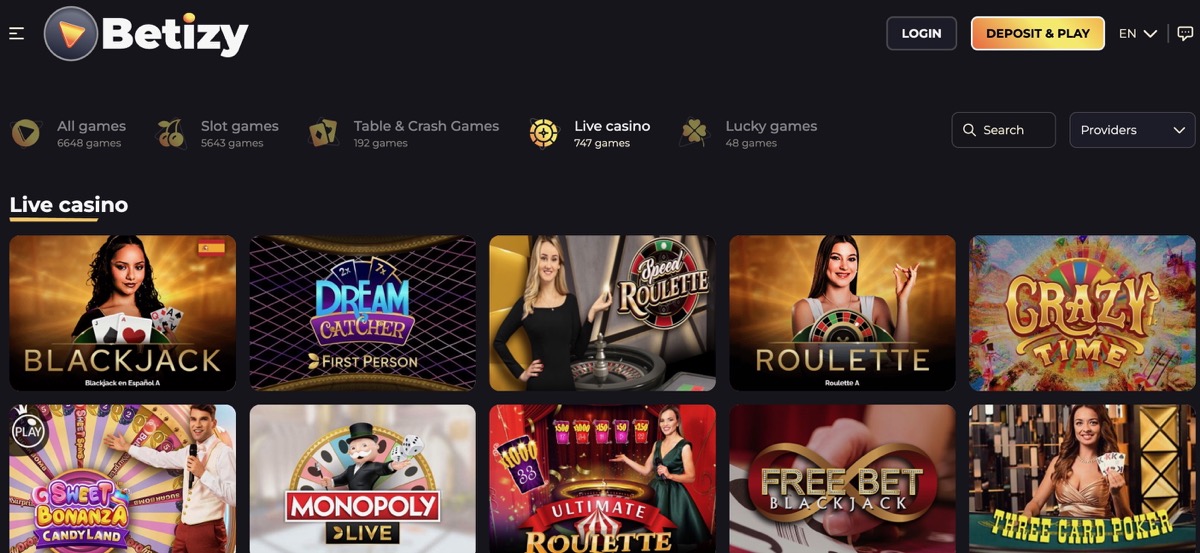 Betizy live casino section featuring Dream Catcher, roulette variants, Crazy Time, Monopoly Live, Free Bet Blackjack, and Three Card Poker tables