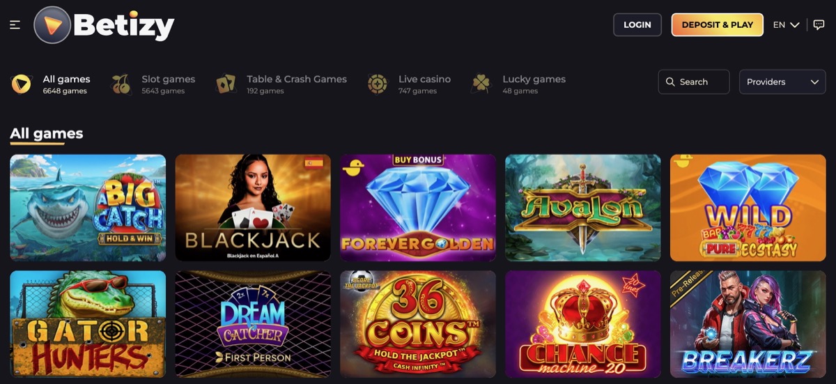 Betizy game lobby showing 6,648 total titles across slot games, table and crash games, live casino, and lucky games categories