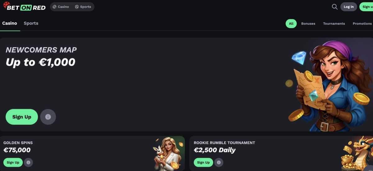 BetOnRed promotions page showing Newcomers Map, Golden Spins, and Rookie Rumble Tournament