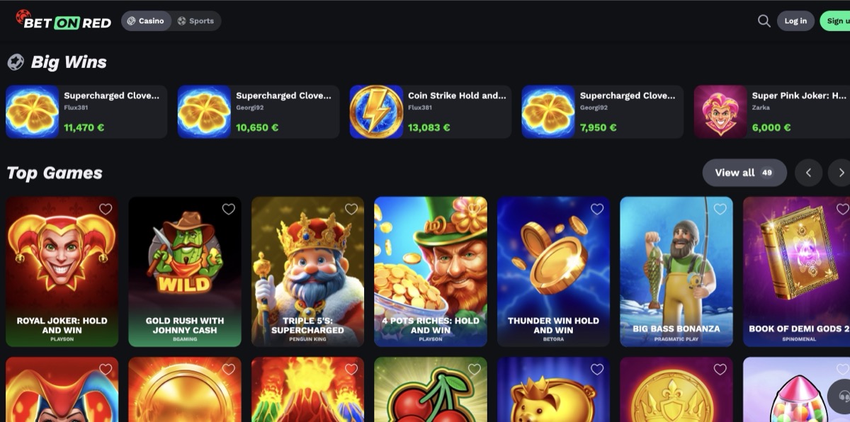 BetOnRed casino lobby showing Big Wins leaderboard and Top Games selection