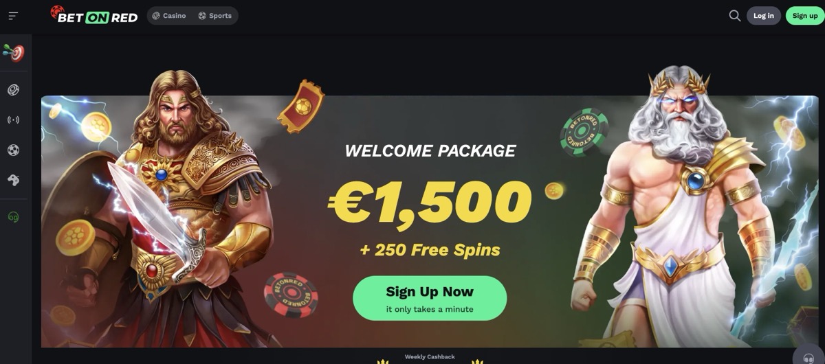 BetOnRed homepage featuring Welcome Package of 1,500 euro plus 250 free spins