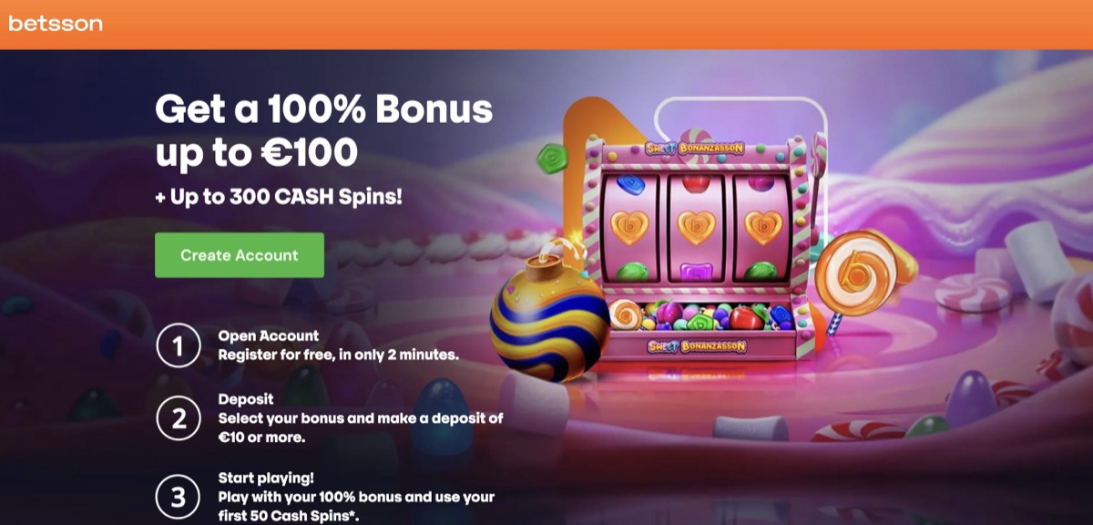 Betsson welcome bonus — 100% up to €100 plus 300 cash spins