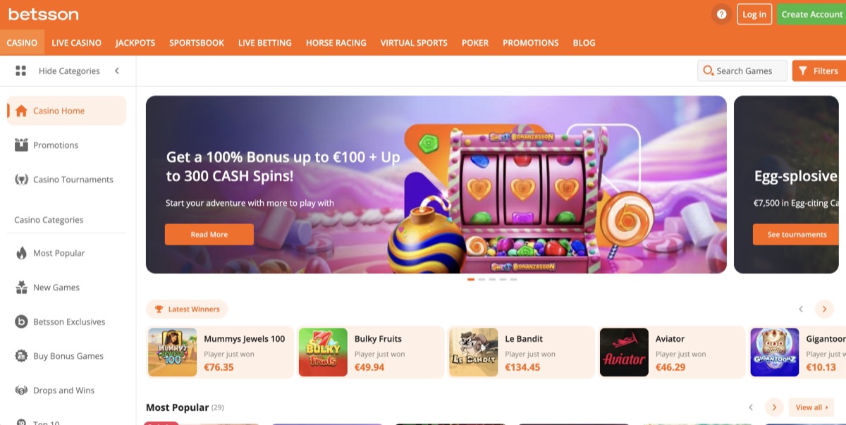 Betsson casino lobby with game categories and latest winners