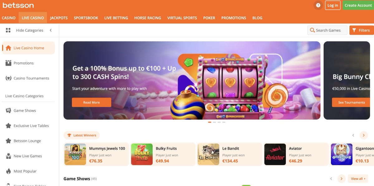 Betsson live casino section with game shows category