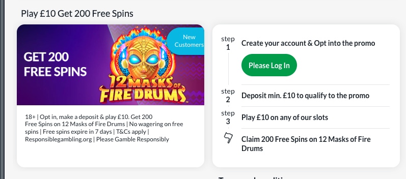 BetVictor bonus page showing Play £10 Get 200 Free Spins on 12 Masks of Fire Drums with no wagering