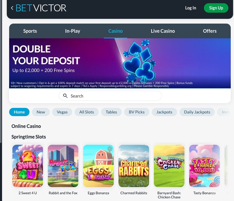 BetVictor casino section showing Double Your Deposit up to £2,000 + 200 Free Spins promotion and slots lobby