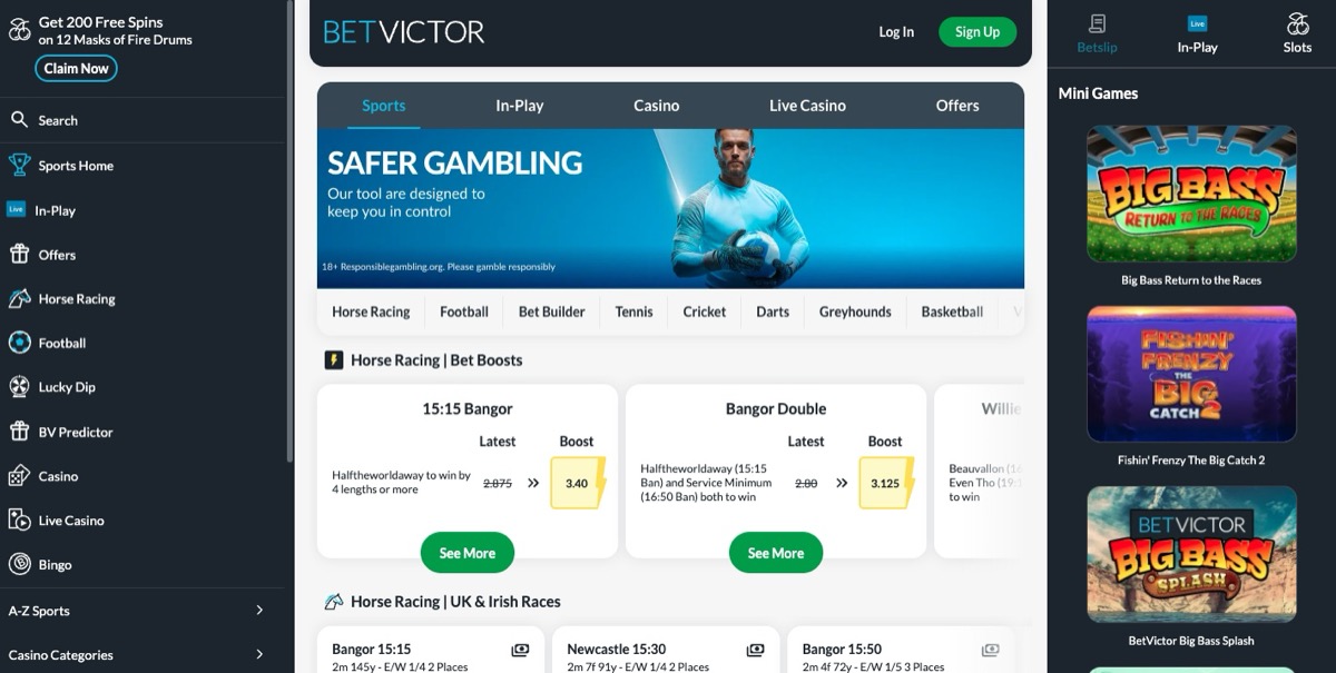 BetVictor sports homepage featuring horse racing markets and safer gambling banner